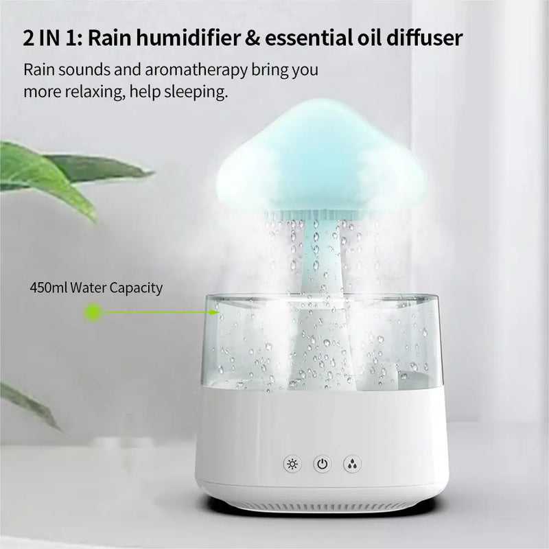 Umidificador Difusor Relaxante com gotas de chuva, aromotetrapia com lâmpadas de varias cores